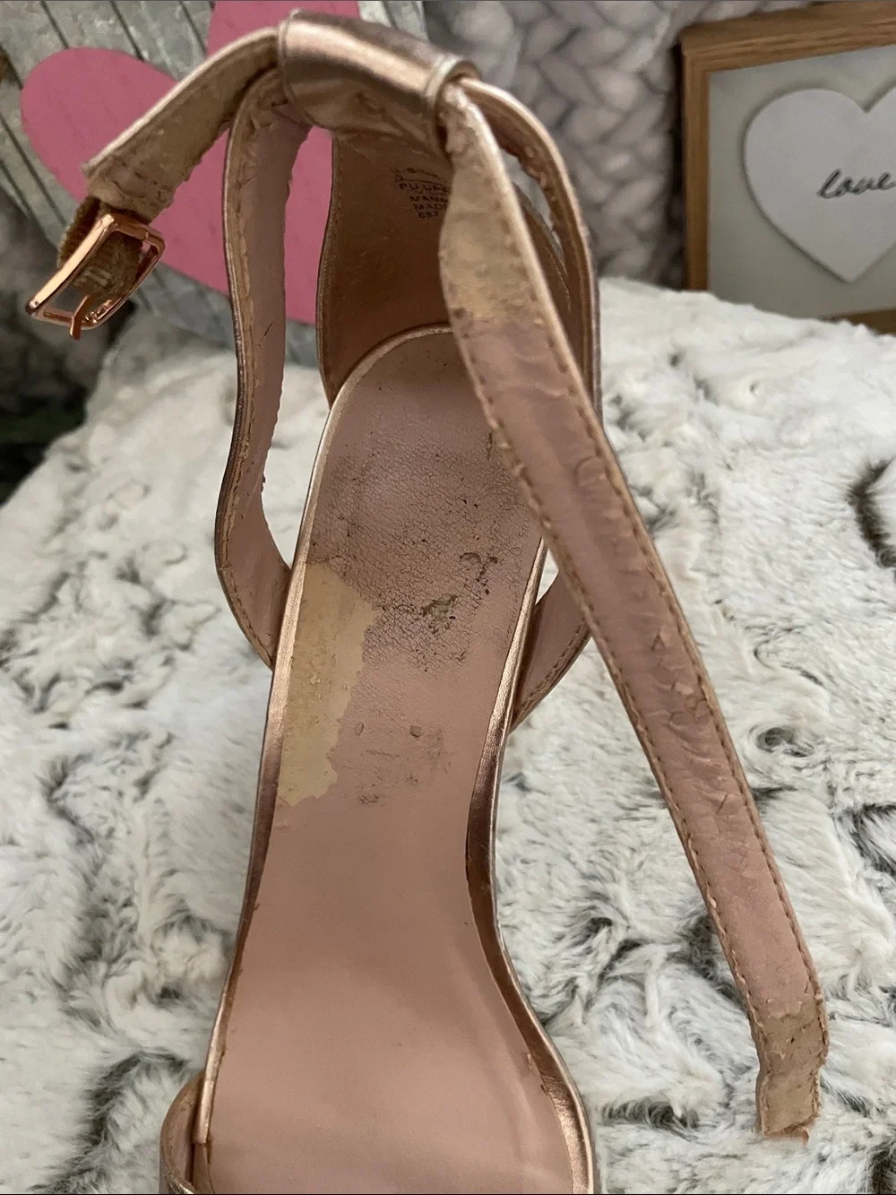 Madden Girl Metallic Rose Gold Ankle-Strap 4”Heels *flaw have inside peeling